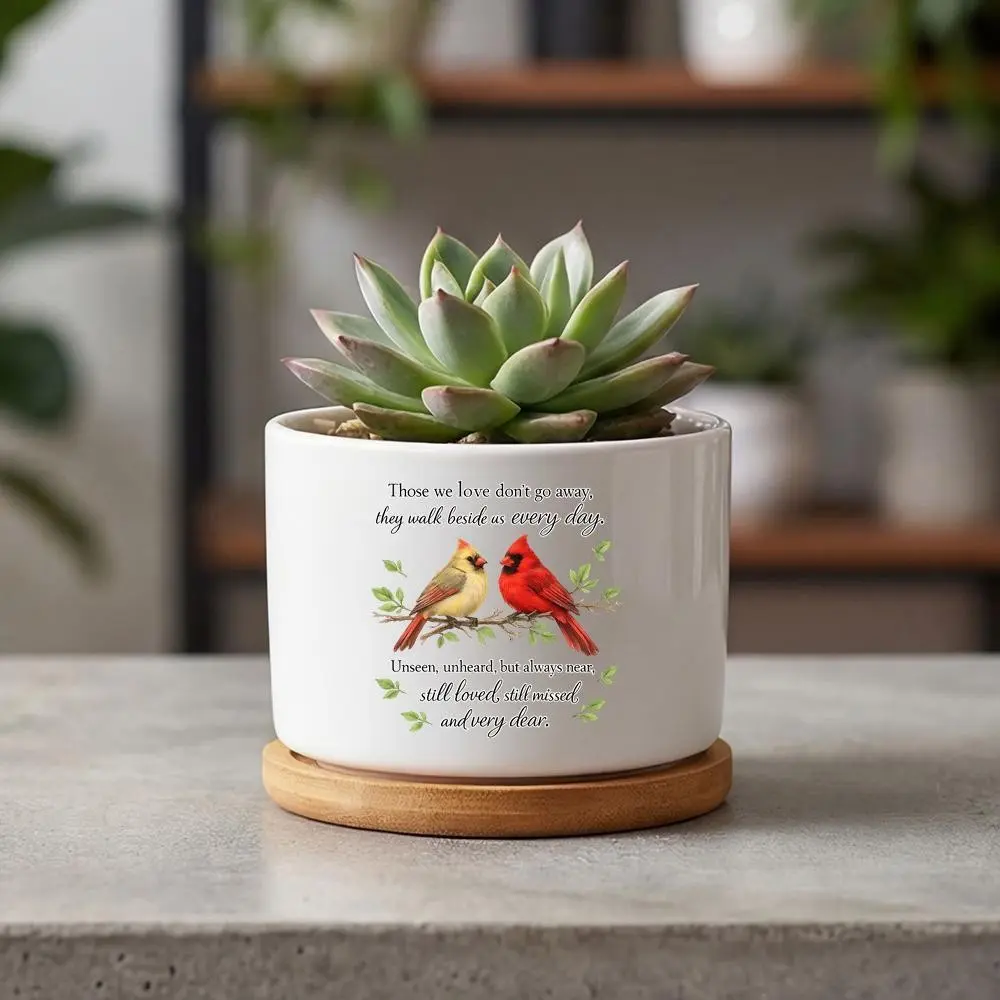 Cardinal Birds Ceramic Flower Pots, Round Planter with Bamboo Saucer, Watercolor Design, Glossy, Indoor Outdoor Gardening, Memorial Home Decor, Ceramic Planters for Indoor Plants