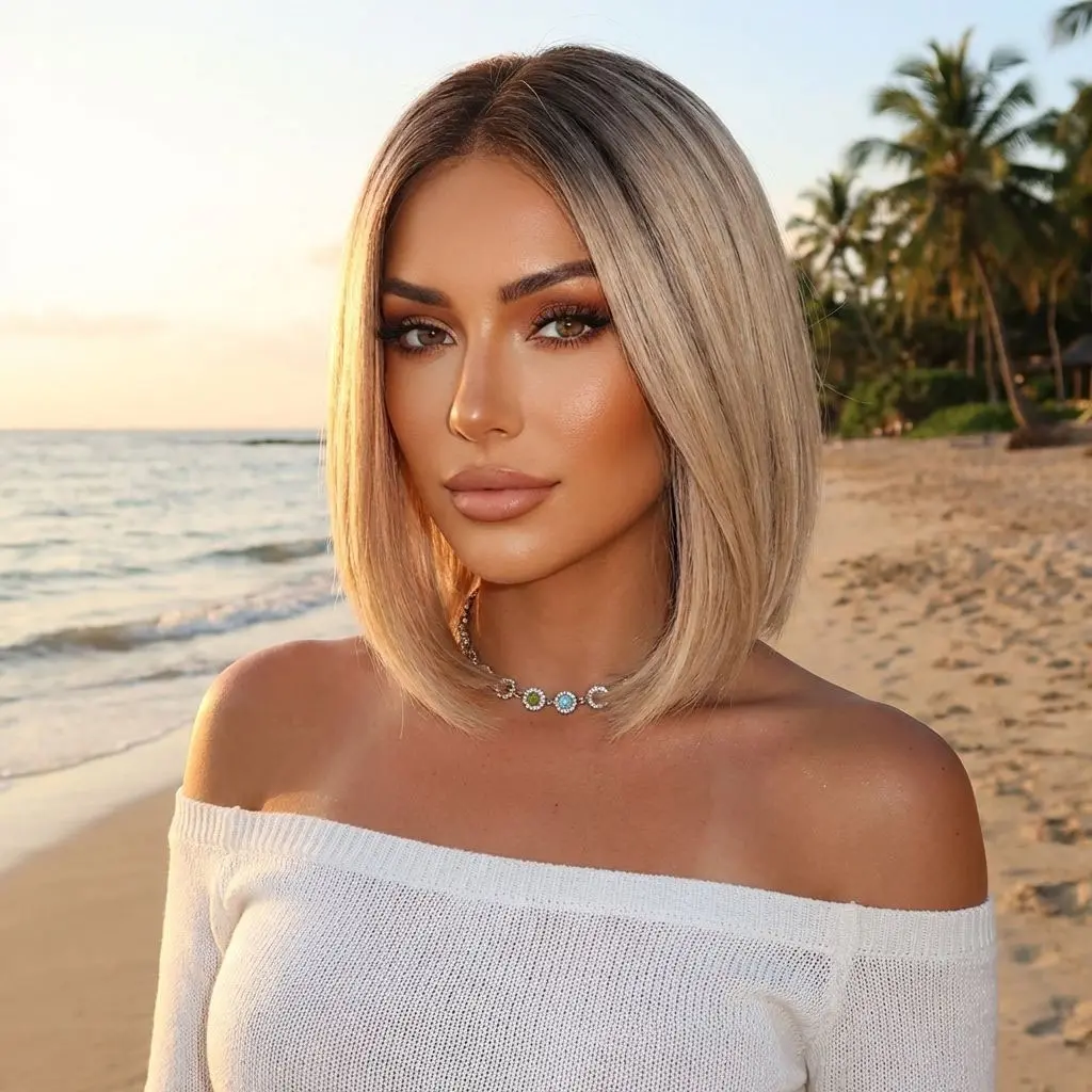 SMILCO 14" Ombre Brown Blonde Snowflake Lace Short Straight Synthetic Lace Wig SM9875M Modern Look NaturalHairline Contemporary Design