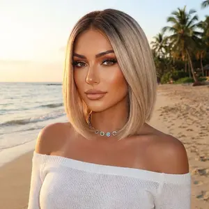 SMILCO 14" Ombre Brown Blonde Snowflake Lace Short Straight Synthetic Lace Wig SM9875M Modern Look NaturalHairline Contemporary Design