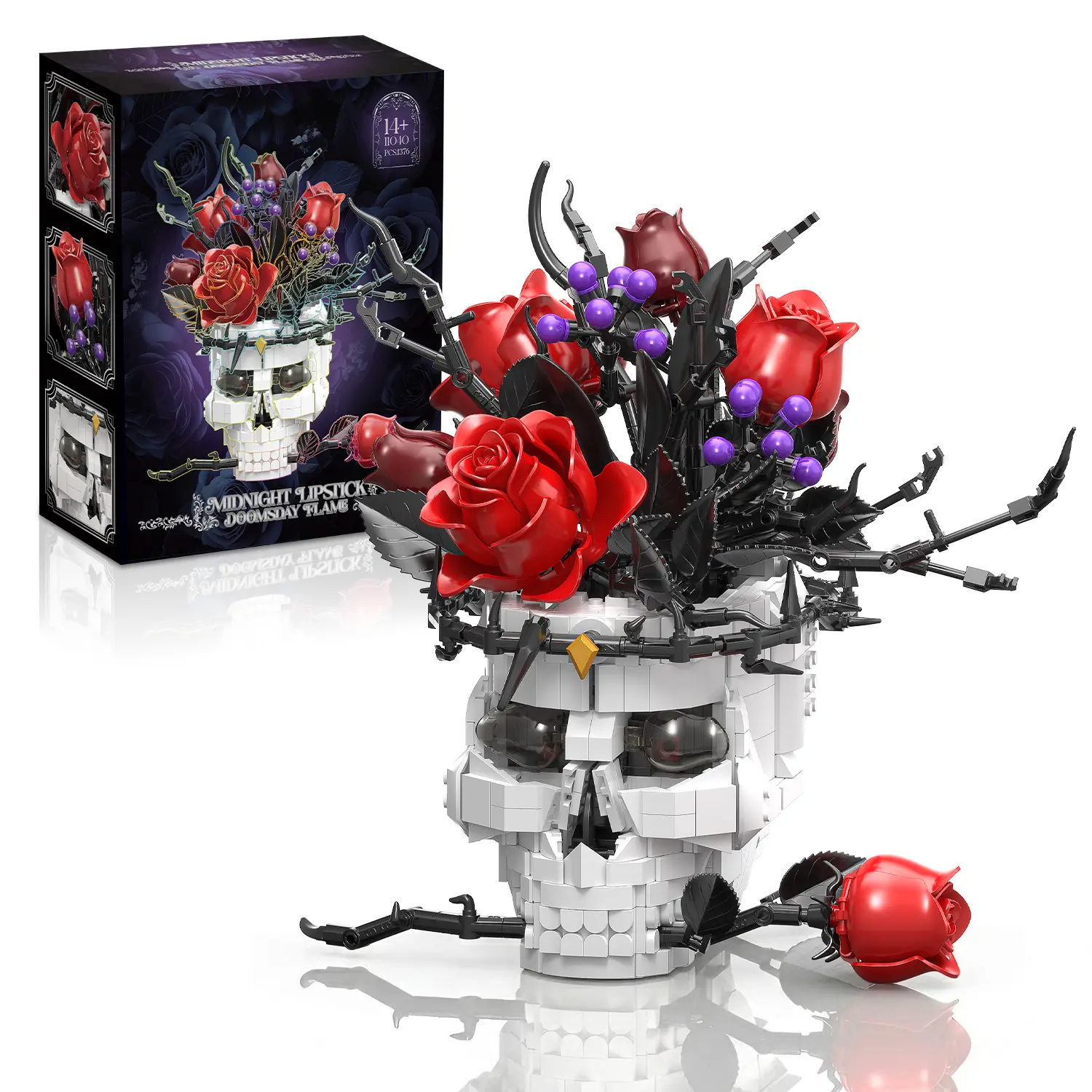1376-Piece Gothic Skull Construction Set with Rose-in-Mouth Design, Dark Aesthetics Unisex Building Toy, Adult Home Decor Table/Shelf Centerpiece, Valentine’s Day Thoughtful Gift with Sea Animal Blocks