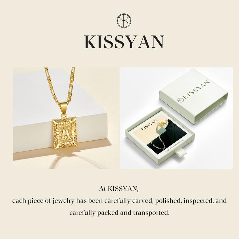 KissYan Initial Letter Pendant Necklace for Men Womens, 14K Gold Plated Square Capital Monogram Necklace Alhpabets from A-Z Figaro Chain Necklace Valentine's Day Gifts