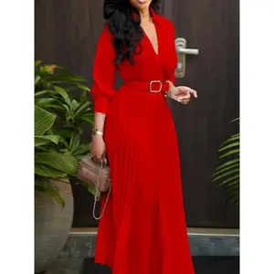 Elegant Red Pleated Midi Dress with Waist Belt for Women - A-Line Silhouette, Long Sleeve, Perfect for Parties & Events, Comfortable Polyester Fabric