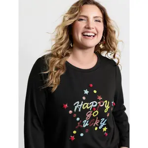 【 Comfy Chic】Bloomchic Happy Go Lucky Sequin Embroidery Sweatshirt Fit Long Sleeve Swimweek