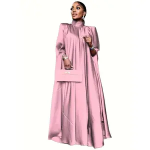 Gray Satin Maxi Dress Women - Elegant Neck, Long Sleeve, Loose Fit, Versatile Collar, Middle Eastern Style Woven Pink - Chic Casual Womenswear