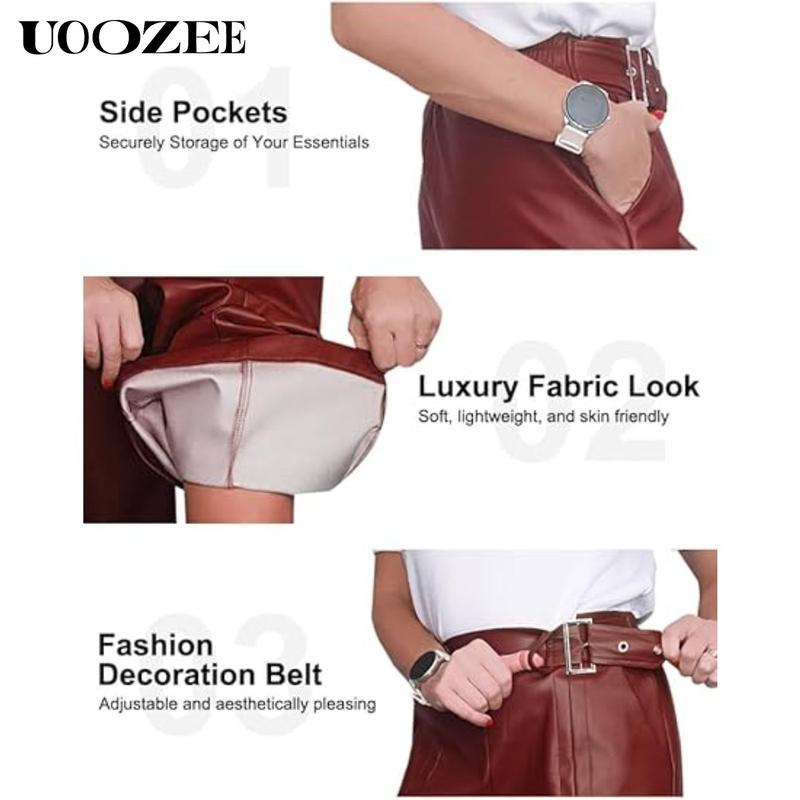 UOOZEE NEW  Women's Faux Leather Pants PU High Waist Wide Leg Pants with Pockets Pleated Going Out Flare Trousers