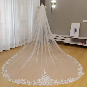 Embroidered Lace Appliques with sparkle sequins, Bridal Veil with Scalloped Floral Lace Edge