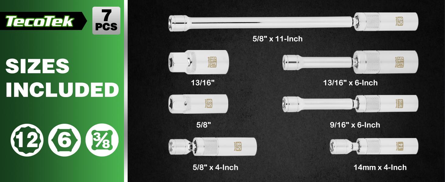 7 Piece 3/8-Inch Drive Magnetic Swivel Spark Plug Socket Set, Includes 9/16-Inch, 13/16-Inch, 5/8-Inch, 14mm Socket, 6-Point &12-Point, CR-V, Enhanced Magnetic Design with Thin Wall Socket 7 Piece 3/8-Inch Drive Magnetic Swivel Spark Plug Socket Set, Includes 9/16-Inch, 13/16-Inch, 5/8-Inch, 14mm Socket, 6-Point &12-Point, CR-V, Enhanced Magnetic Design with Thin Wall Socket