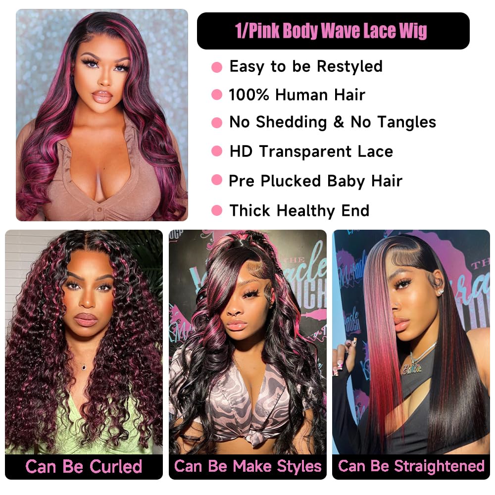 Ombre Lace Front Wig Human Hair Skunk Stripe Human Hair Wigs 13x6 Hd Lace Frontal Body Wave Highlight Pink Human Hair Wig Pink and Black Colored Wigs Human Hair 180%