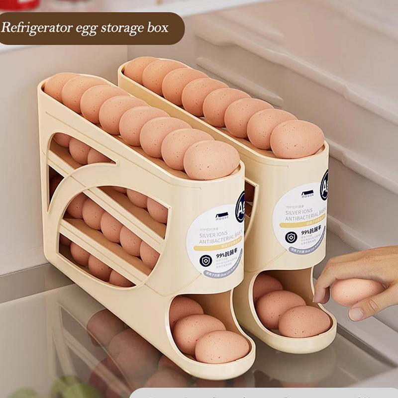 Automatic Rolling Egg Dispenser Organizer for Refrigerator, 4-Tier Space-Saving Egg Holder Tray, Holds 28 Eggs, Durable Plastic Egg Storage Rack for Fridge, Counter, Kitchen Cabinet