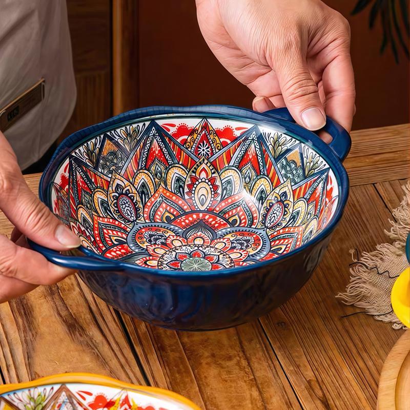 4 Piece Boho Ceramic Serving Bowls with Handles, 22 Oz Porcelain Salad Bowls, Large Serving Dishes for Entertaining, Mixing Bowls for Stew, Pasta, Cereal, Cute French Onion Soup  Bowls Set