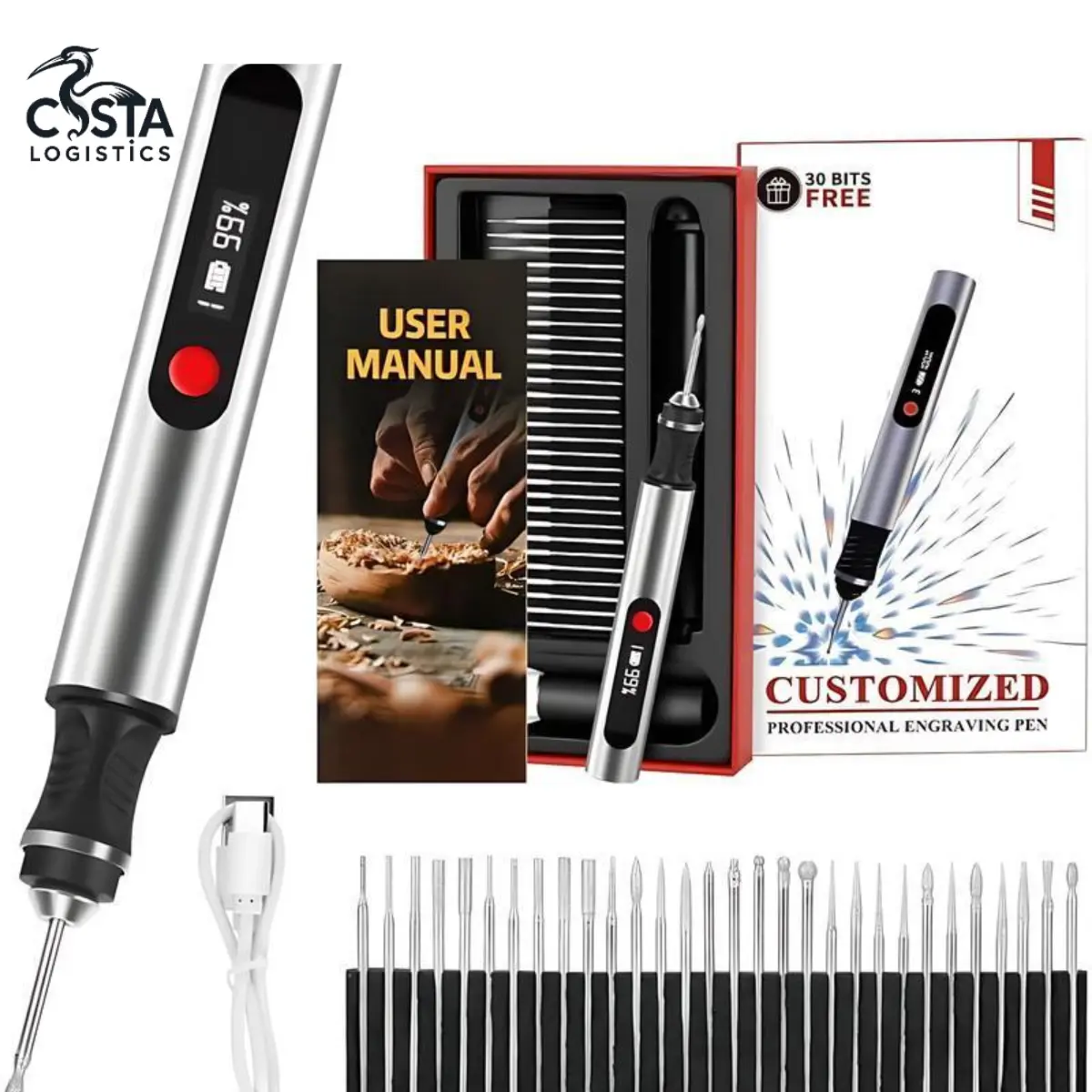 [Costa] Professional Engraving Pen Power Tool, USB-C Fast Charging, 30 Free Diamond Bits Set, Adjustable Speed (8000-21000 RPM), Batteries Included, Easy-to-Use for Gifts, Practice