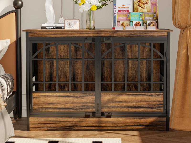 COZPAW Heavy Duty Dog Crate Furniture, 52 Inch Wooden Dog Kennel Indoor for XLarge Breed, Dog Crates for Large Dogs with Double Doors, Decorate as House TV Stand, End Table-White Brown