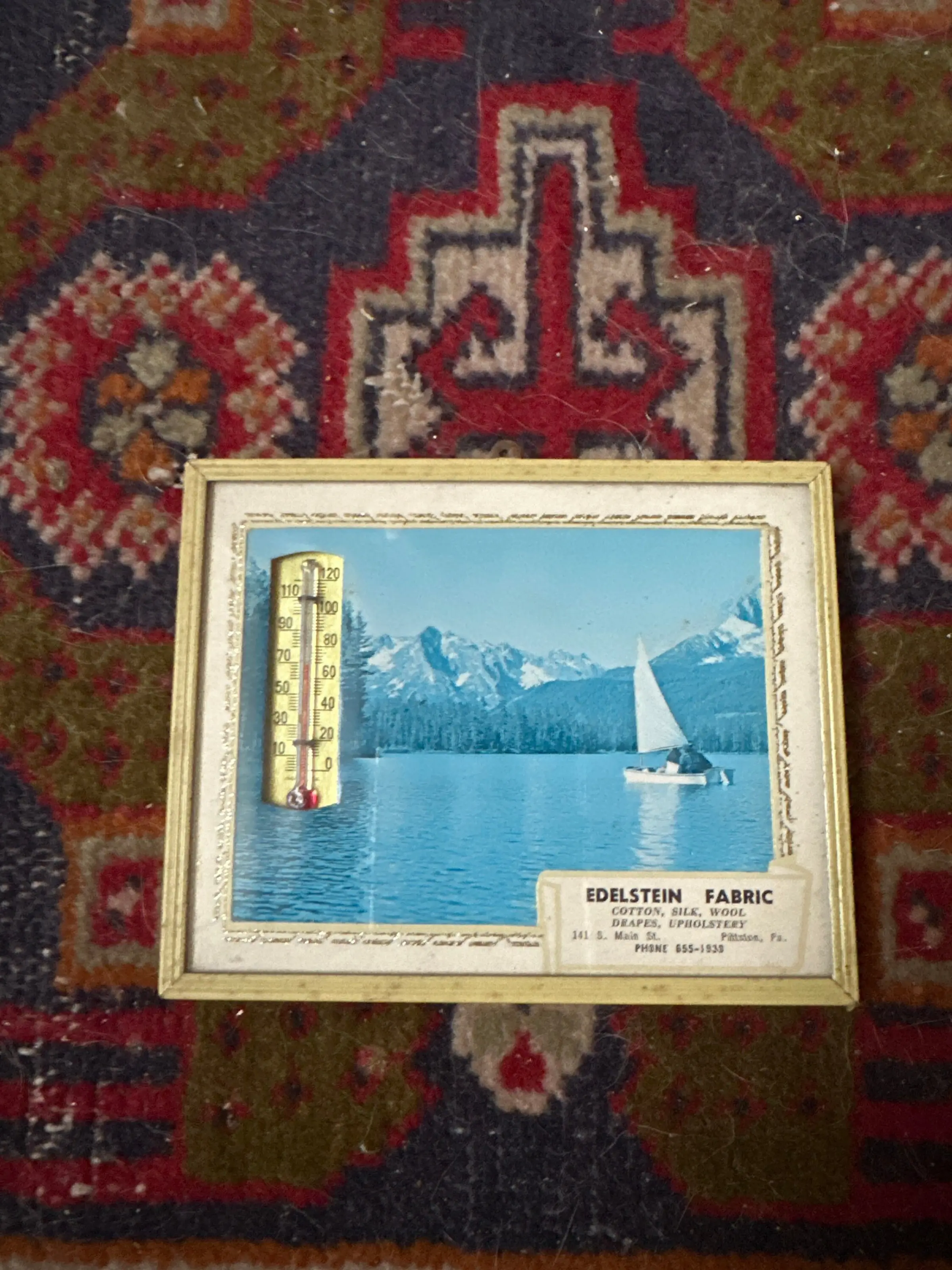 Vintage framed wall thermometer vintage advertising temperature thermometer | Mountain Boat and Lake Scene | Pittston, PA