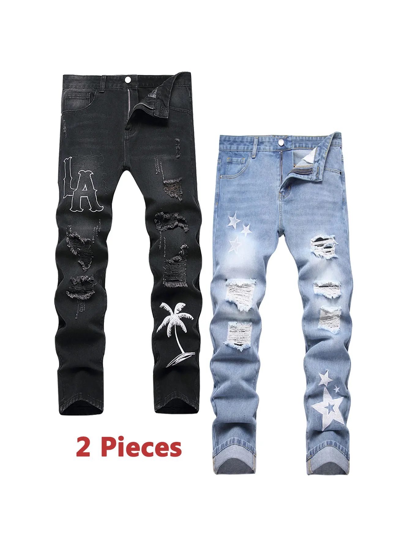 2-Pack Men’s Ripped Denim Jeans Long Pants Straight Jeans Classic Black Blue Jeans Slim Fit Hip Hop Trouser Streetwear Comfortable Menswear For All Seasons