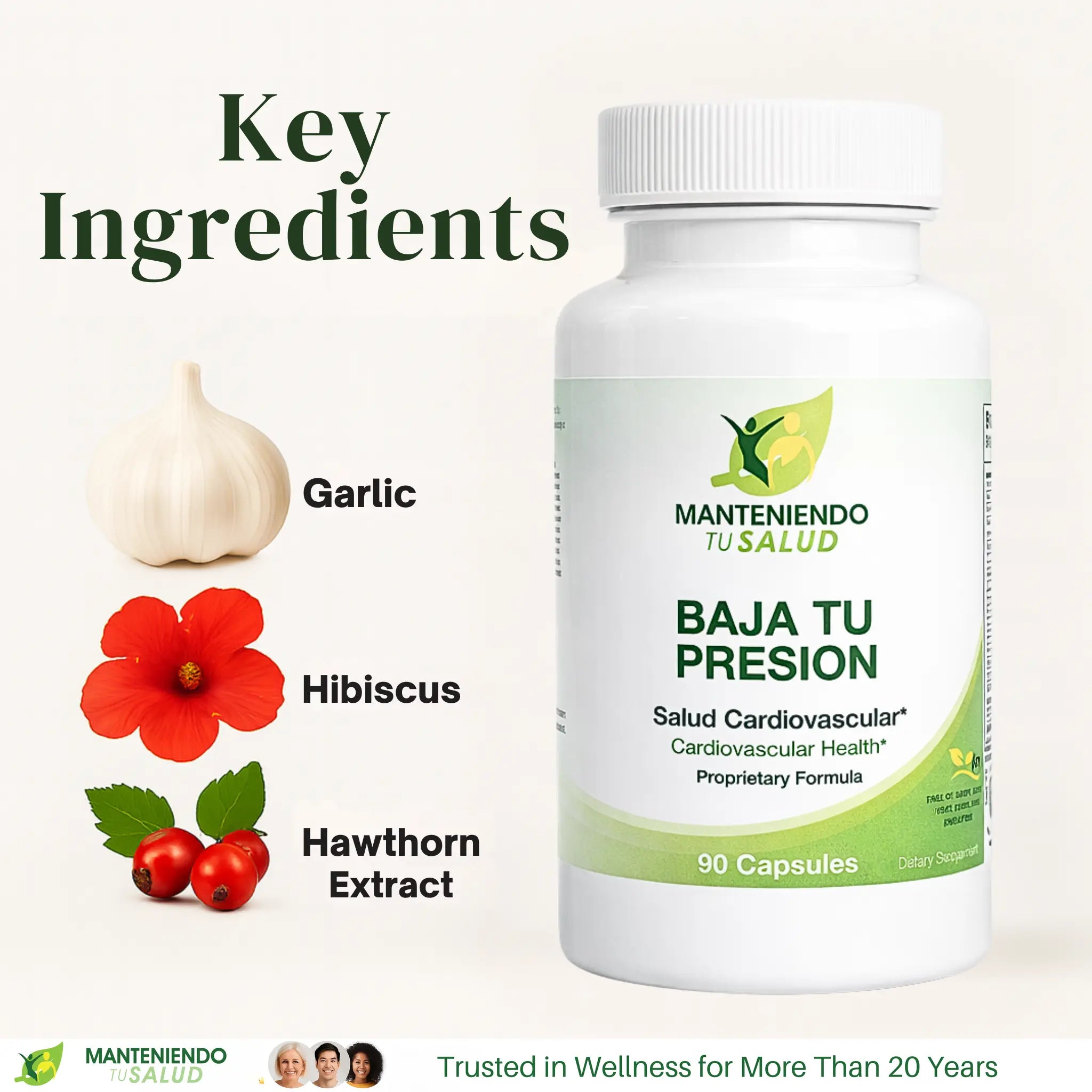 Manteniendo Tu Salud Baja Tu Presión, Hawthorn Extract, Garlic Bulb Powder, 90 Capsules Dietary Supplement