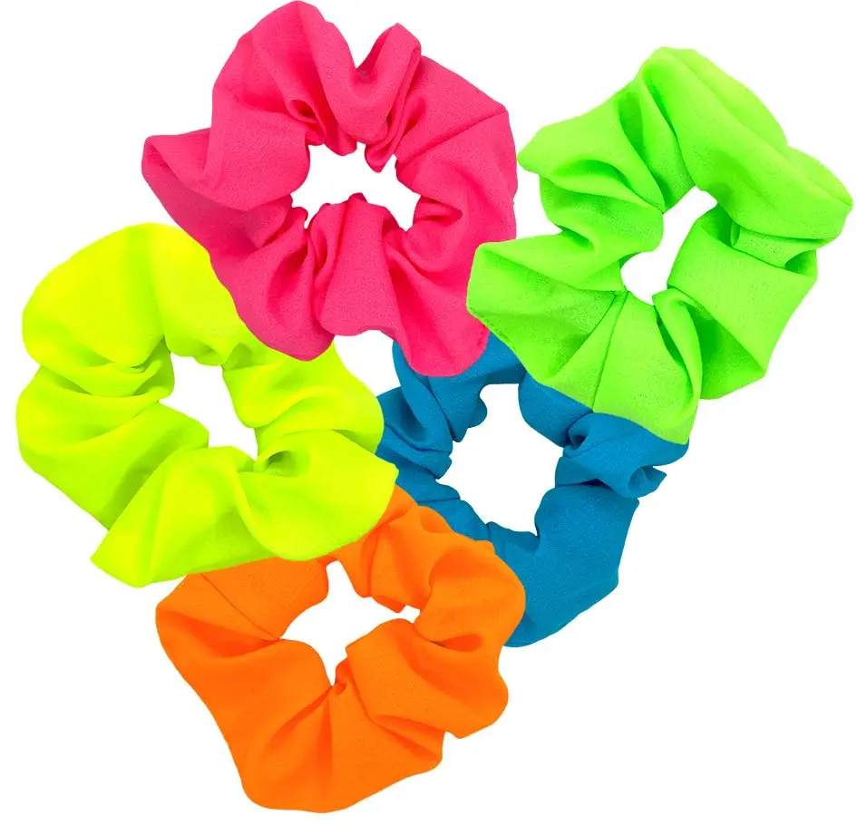 80s Neon Party Hair Scrunchies - 5-Pack Assorted Colored Hairbands & Scrunchies, Elasticity Hair Accessories, Funky, Glamorous, 5 Ct, Buns, Athletic, Comfortable Secure Hold, Retro, Vibrant Neon, Female, Neon Colors