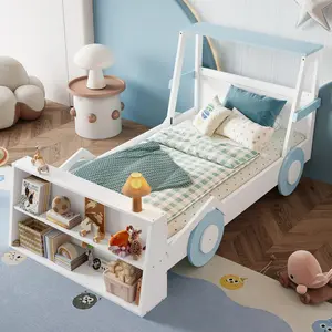 Eyisean Twin Size Wooden Low Platform Bed Frame with Cute Car-Shape & Storage Shelves, Durable Toddler Car Beds with Wheel Accent & Side Panel, Childlike Racecar Bed Frame Design for Bedroom