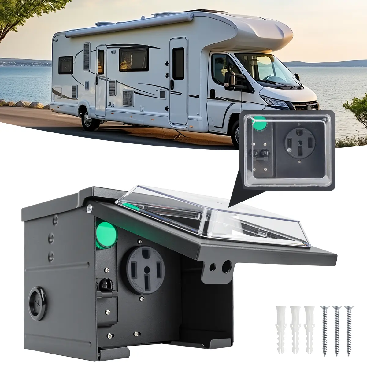 NEMA Motorhome Temporary Power Outlet Box - 50A/30A NEMA 14-50R 125/250V & TT-30R, Steel, Durable Weatherproof Dustproof, Overload Cut Built-In Circuit Breaker, Easy Installation & Wiring, UL Certified, Transparent Cover, Father's Day Gift