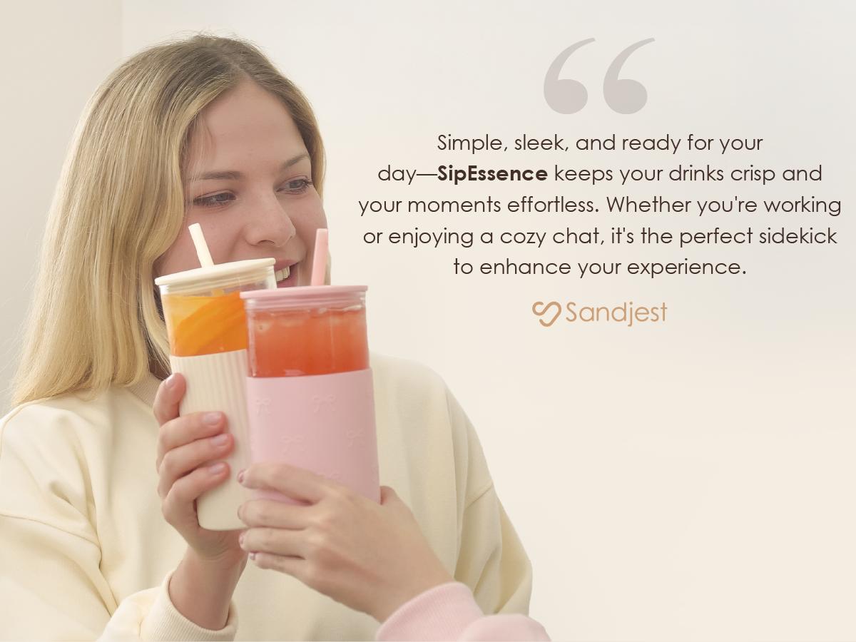 SANDJEST 20oz Glass Tumbler with Silicone Sleeve & Straw, Ideal for Hot & Cold Drinks Smoothie Iced Coffee, Aesthetic Cup for Spring Mother's Day Gift