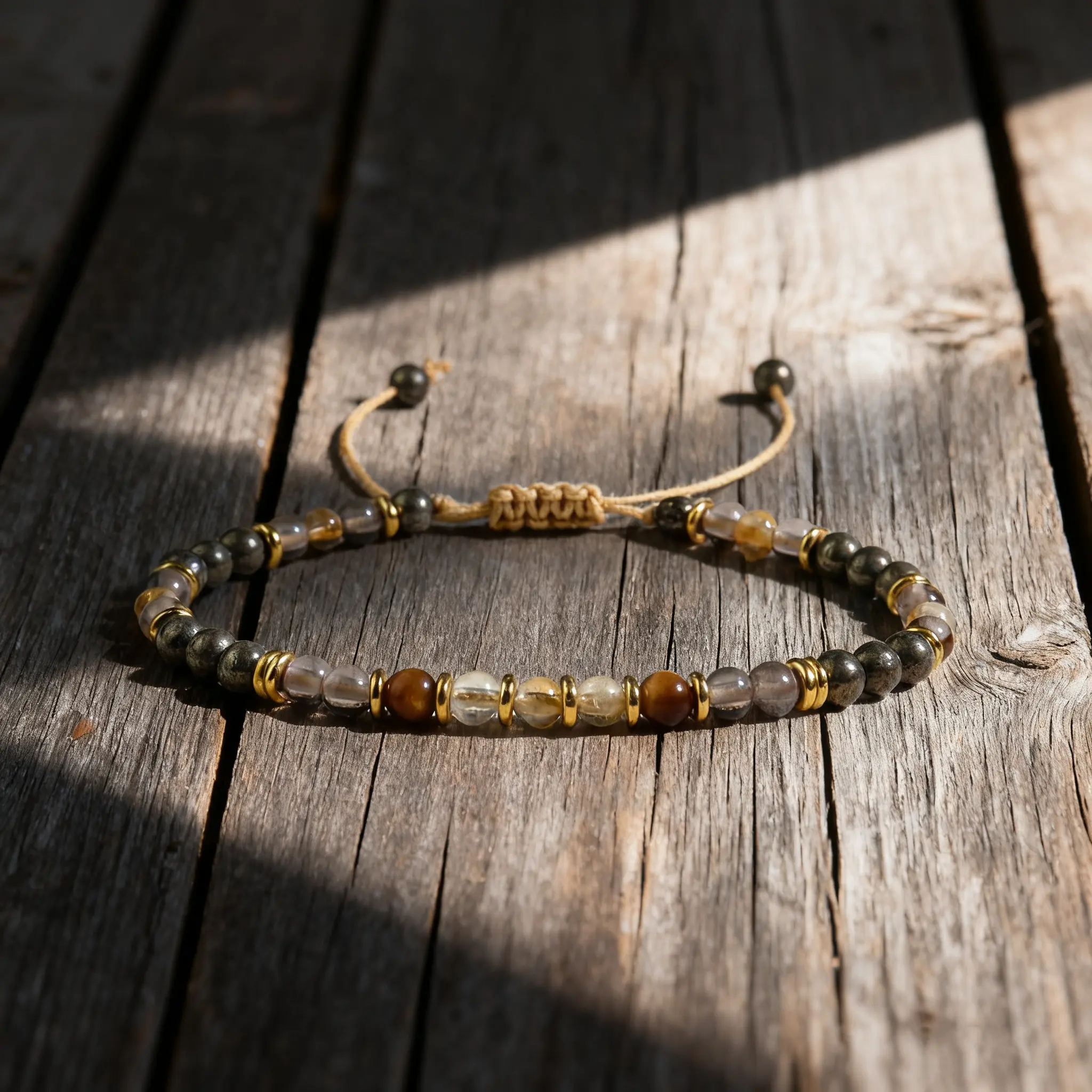 Natural Crystal Healing Bracelet - Natural Citrine, Tiger Eye, Pyrite, Smoky Quartz Gemstone Beads, Adjustable, Reiki Energy, Minimalist Design, Fits Wrists, Daily Wear for Women Men, Gemstones