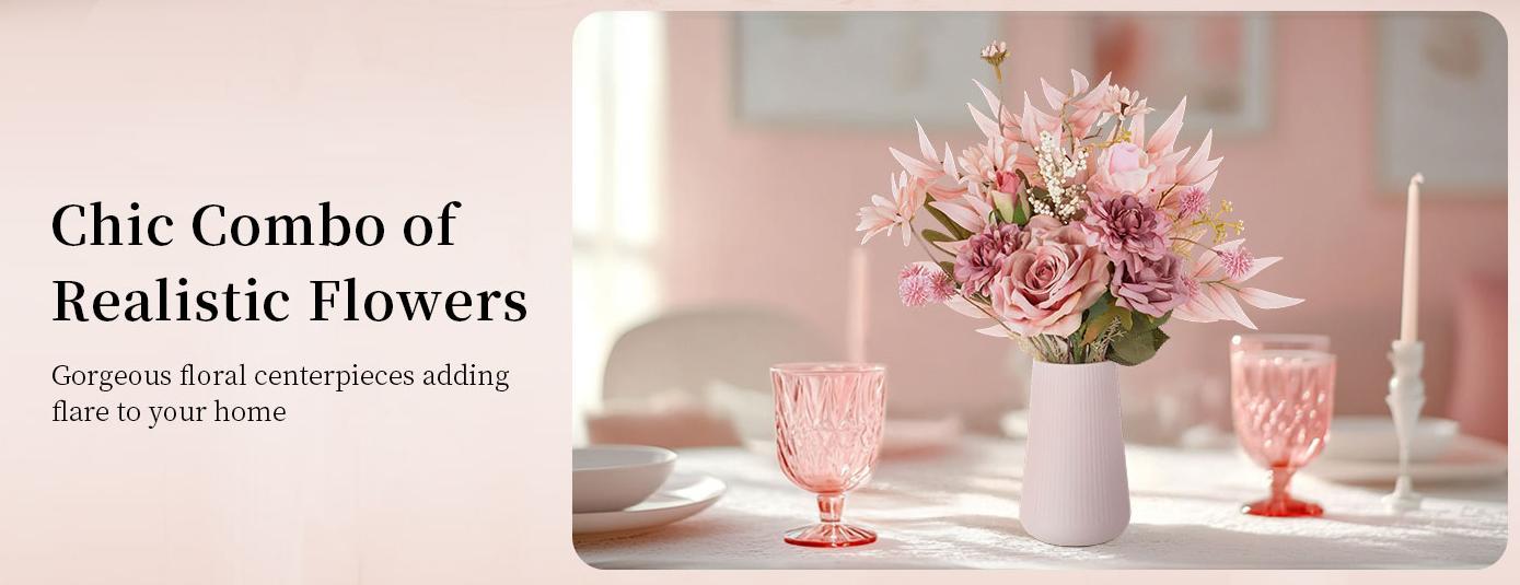 Dusty Pink Artificial Flowers in Ceramic Vase Home Decor - Fake Roses Faux Dahlias Bouquet Kitchen Dining Room Wedding Decoration arrangement