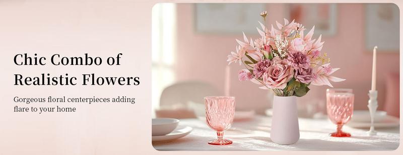 Dusty Pink Artificial Flowers in Ceramic Vase Home Decor - Fake Roses Faux Dahlias Bouquet Kitchen Dining Room Wedding Decoration arrangement