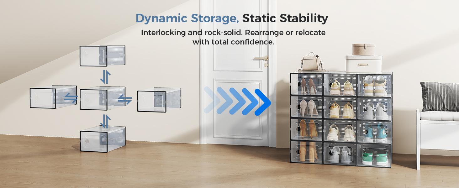 Stackable Shoe Storage Boxes, 12-Pack Plastic Shoe Organizers with Lids, Large Shoe Rack & Holder for Closet, Under Bed, Entryway, Sneaker Display and Storage Containers Stackable Shoe Storage Boxes, 12-Pack Plastic Shoe Organizers with Lids, Large Shoe Rack & Holder for Closet, Under Bed, Entryway, Sneaker Display and Storage Containers