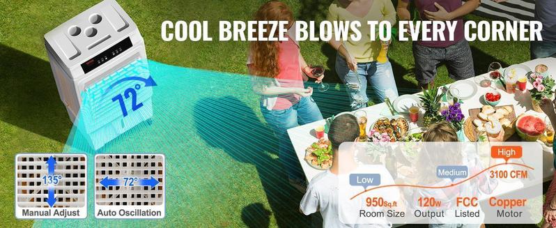 VEVOR Evaporative Air Cooler, 3100 CFM, 135° Oscillating Swamp Cooler with Adjustable 3 Speeds and 12 H Timer, 9 Gal Portable Air Cooler for 950 Sq.ft, Indoor/Outdoor Use