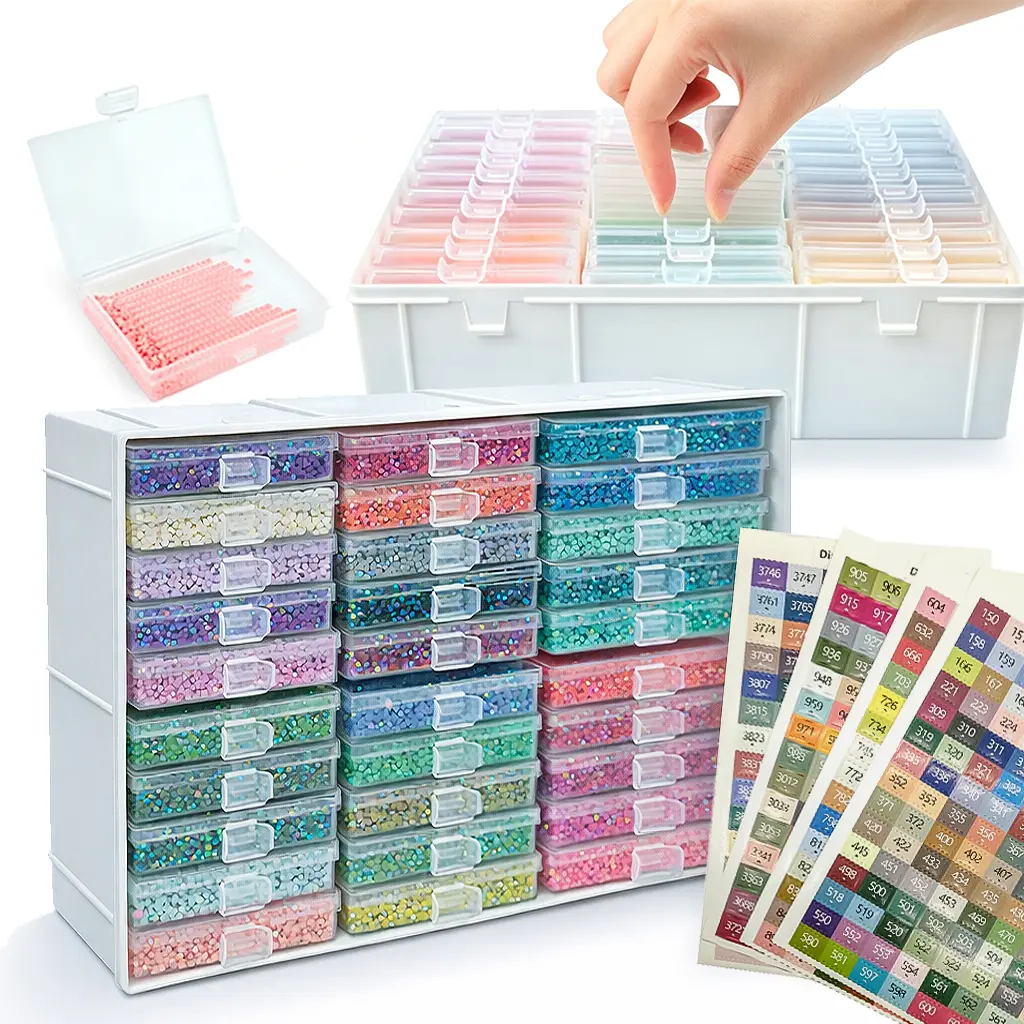 Transparent Plastic Multi-Drawer Labeled Bead Storage Cabinet with Slide Pull-Out Tabs, Label Stickers, Desktop Diamond Painting Accessories Organizer for DIY Needlework Toys & Hobbies
