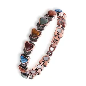 Women's Antique Copper Brushed Finish Heart Design Bracelet - Magnetic Elements, Mixed Gemstones, Alloy Fashion Costume Jewelry Accessory