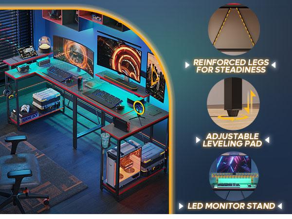 Pinmoco 42" Reversible L-Shaped Gaming Desk with Monitor Stand LED Lights & Headset Hooks for Home Office