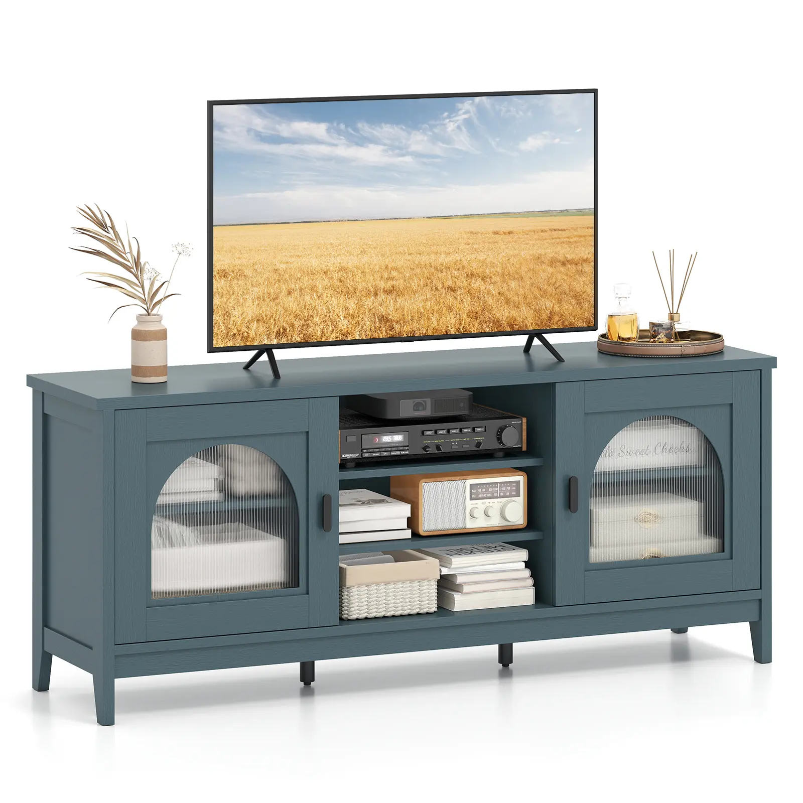 COSTWAY - Modern Vintage TV Cabinet with Adjustable Shelves and 2 Cable Holes for TVs up to 65 Inches-Turquoise
