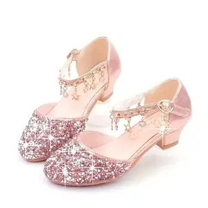 Shining Princess High Heels Girl's Style-Gold Sequin Rhinestones Design, Elegant Ankle Strap Wedding Stage Party Shoes, Spring Summer Autumn Bridal Princess Shoes | Cute Fashion Fabric, Bride Wedding Shoes