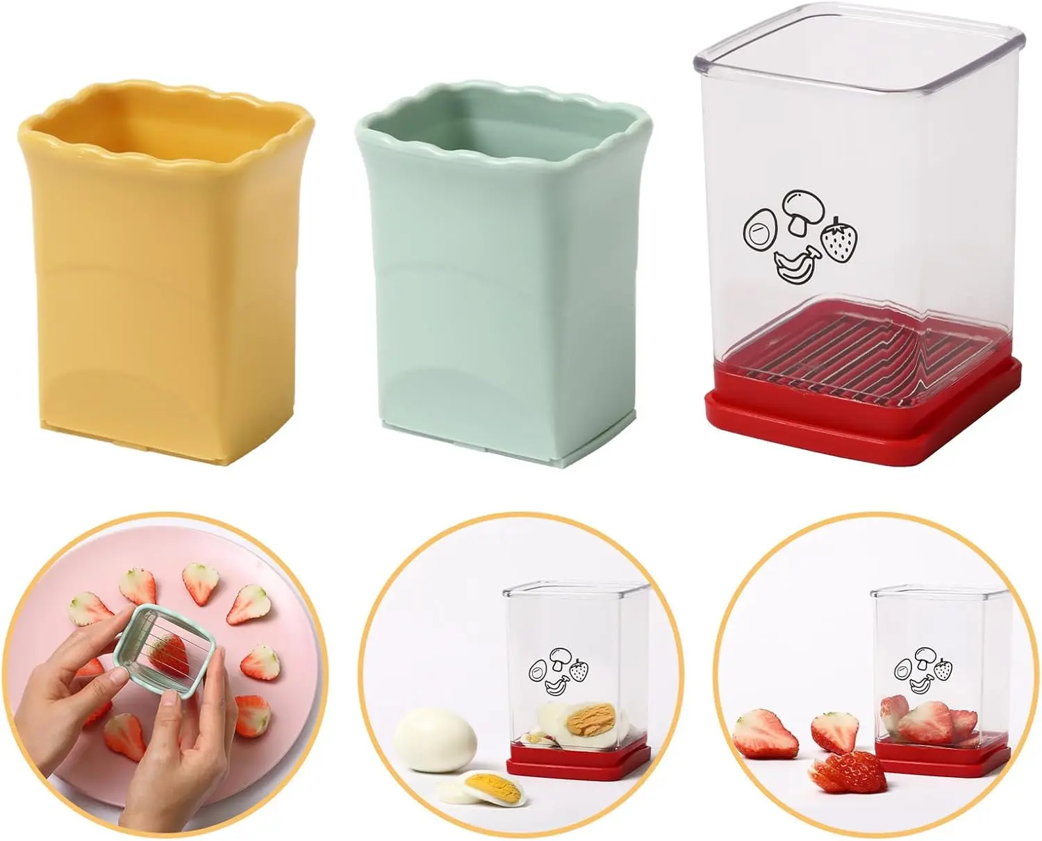 3-Pack Cup-Style Fruit & Vegetable Slicer Set, Convenient and Lightweight Kitchen Utensils with Grid Cutter & Push Plate for Egg, Banana, Healthy Meal Prep & Everyday Cooking, Food Prep