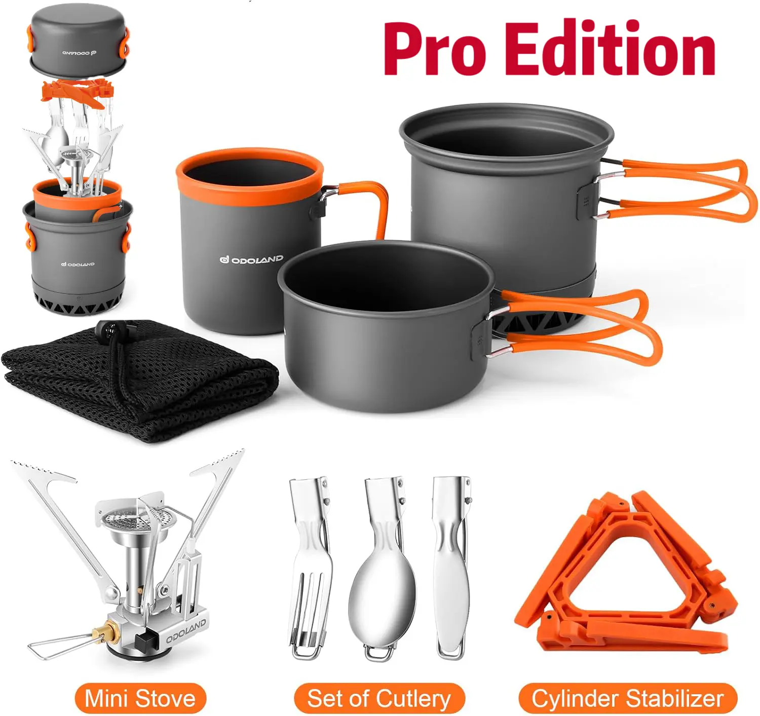 Odoland Camping Pots with Heat Exchanger Camping Cooking Set with Portable Camping Stove Camping Mess Kit Include Mug, Folding Utensil Set,Camping Cookware,Canister Stabilizer for Backpacking Outdoor Hiking & Picnic [Fuel not included]