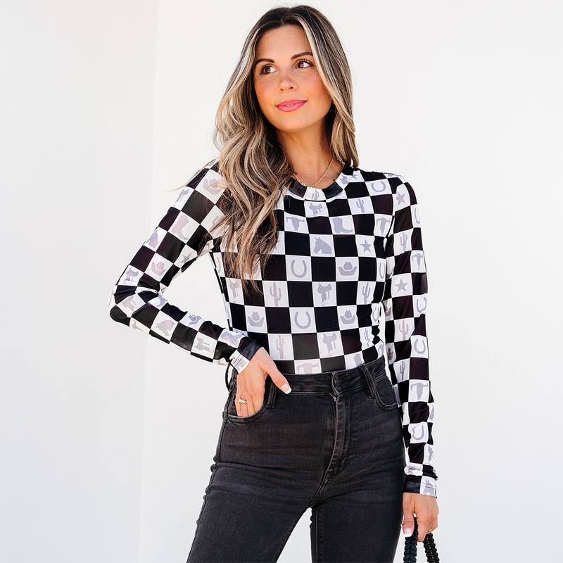 Znacicc Women's Super Chic Checkered Mesh Mock Neck  Winteroutfit Long Sleeve Top - Chic Shirt for Women - Womenswear