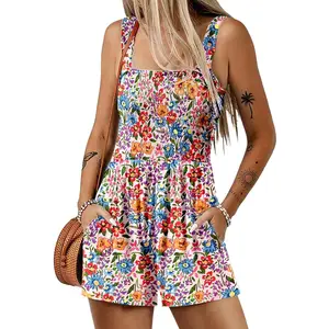 Women's Summer Casual Smocked Rompers Square Neck Sleeveless Loose Shorts Jumpsuits 2025 Beach Vacation Outfits Womenswear Overalls