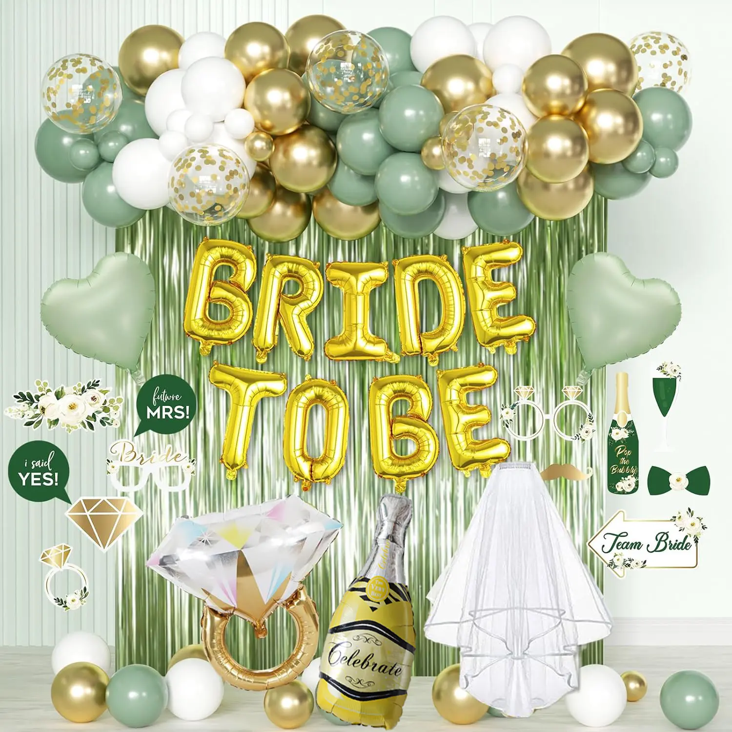 Sage Green 4-Pcs Adult Bachelorette Party Decorations Set - Bride-to-Be Bridal Shower Supplies with Balloons, Veil, Sash, Photo Props for Sweet and Romantic Atmosphere