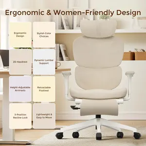 WELAX Ergonomic Office Chair with Footrest High Back Computer Chair Mesh Backrest Sponge Seat Adjustable Lumbar Support Three Position Tilt Women Friendly Design