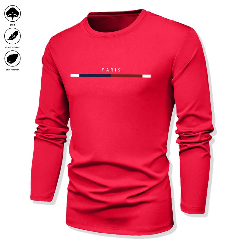 Pack of 4 - Men's Long Sleeve T-Shirt - Casual Crew Neck Breathable Tee, Suitable for Spring and Autumn Wear, Featuring Letter Pattern Design, Well-Fitting Cut, Ideal for Everyday Wear, Men's Long Sleeve Top