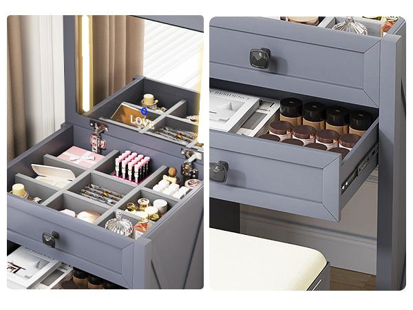 Miu Farmhouse 3 in 1 Vanity  , 3-Color Adjustable Lighting, Cushioned Stool for Bedroom Organization LED Bedside Table with Drawers Dimmable Mirror