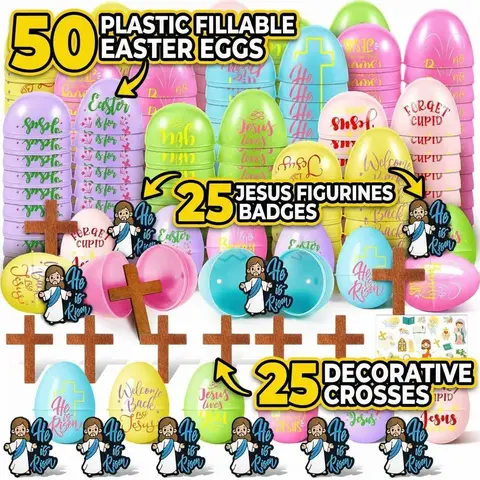 Fillable Traditional Christian Resurrection Easter Eggs (12/50 Packs, 2.5 x 1.5 inches, Prefilled with Jesus Badge, Decorative Crosses, Religious Stickers) - Plastic Egg Hunt Basket Stuffers, Kids’ Classroom Prizes with Fun Symbolism, Religious Home Decor