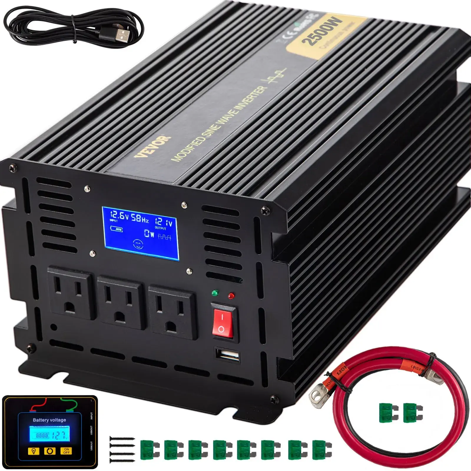 VEVOR 2500W Modified Sine Wave Portable Home Inverter - 12V DC to 120V AC 200W & Above Car Model with Alloy Shell, LCD Screen, Remote Controller, LED Indicator, AC Outlets, Cooling Fan - Emergency Kit for Storms, Camping