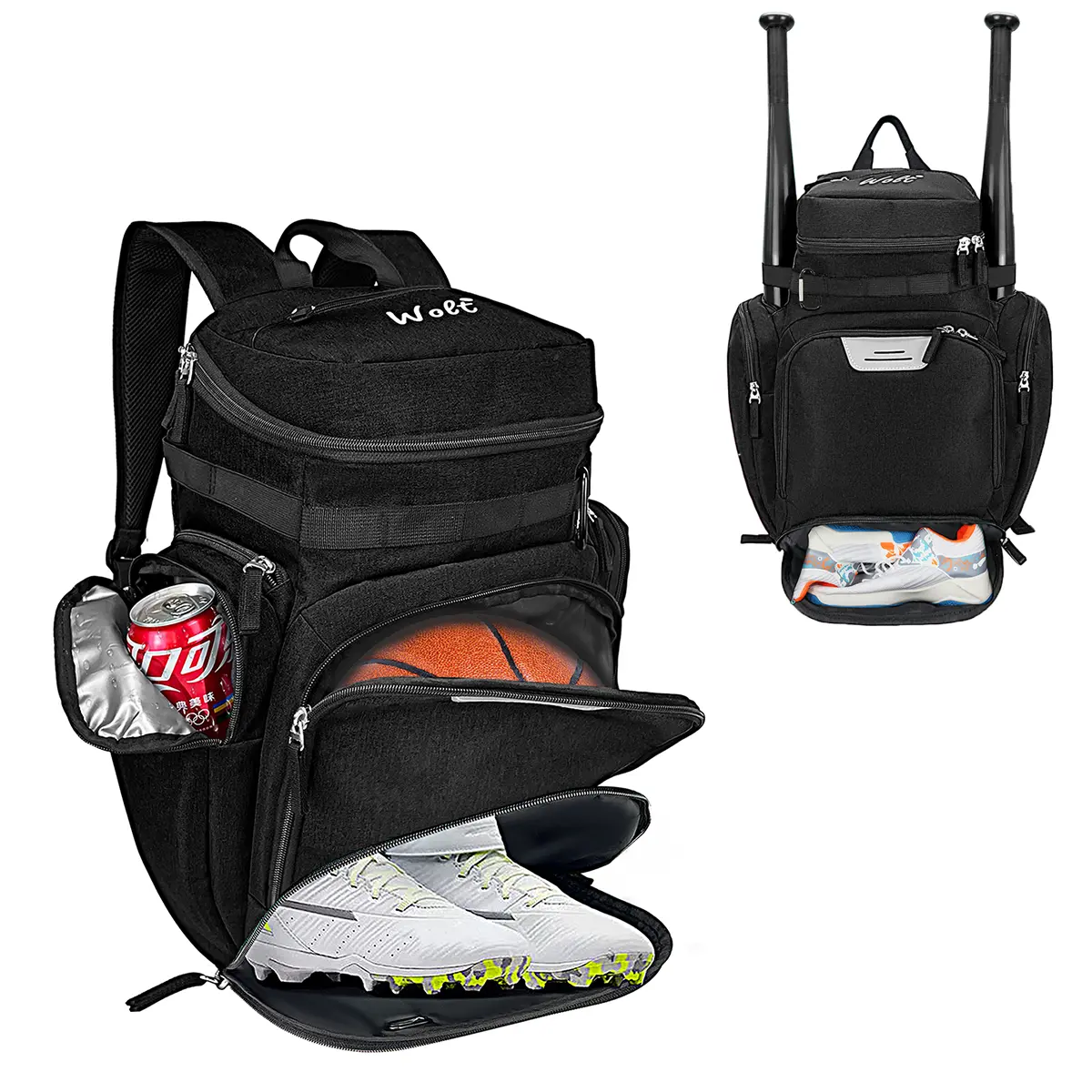 Wolt Sports Youth Polyester Multi-Sport Backpack for Athletes - Large Size, Ball Compartment (Ball Stays Separate), Vented Pockets, Shoe Pocket, Airflow Back, Adjustable Straps (for Basketball, Football Fashion, Baseball)