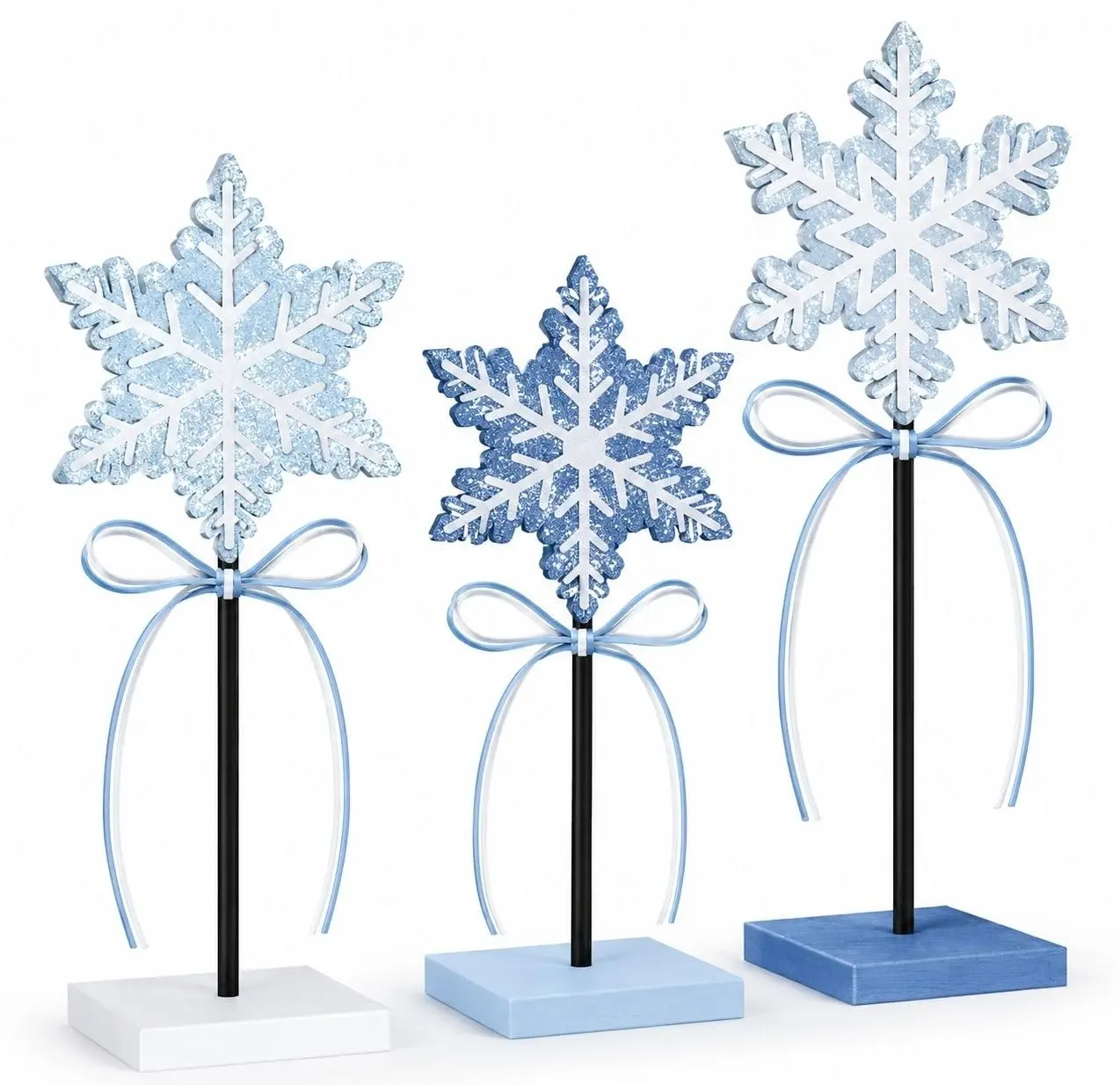 Indoor Christmas decor, winter snowflake home decoration | Set of 3 blue wooden desktop Christmas ornaments for winter, suitable for kitchens, fireplace mantels, and office Christmas party centerpieces; farmhouse-style gifts