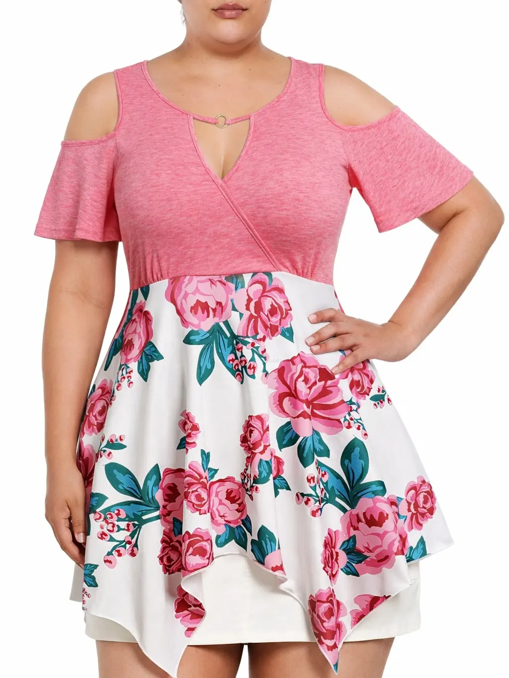 Rgothic Plus Size Women's High-Stretch Flower Print Top with O-Ring Cold-Shoulder Cutouts and Handkerchief Hem for Casual Everyday Wear