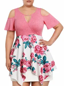 Rgothic Women's Plus Size Floral Print Polyester Short-Sleeve Cold-Shoulder O-Ring Handkerchief Casual Blouse Summer Womenswear