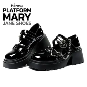 Mary Jane Shoes For Women Round Toe Strappy Heart Buckle Chains Goth Platform Chunky Block High Heel Daily Dress Date Evening Party Gothic Dance Shoes Trendy Y2K Punk Shoes
