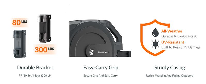 Giraffe Tools Retractable Garden Hose Reel 90ft Garden Water Hose Reel with Metal Bracket, Automatic Rewind System, 3-layer-hybrid hose, Lock at any lenghth Tangle-Free Kink-Free, 9-Pattern Nozzle, 180° Swivel Bracket Wall-Mounted