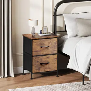 2-Drawer Nightstand with Fabric Storage, Rustic Brown Bedside Table for Small Spaces, Compact Night Stand for Bedroom, Dorm, Apartment - Easy Assembly (15.7" W x 11.8" D x 20.9" H)